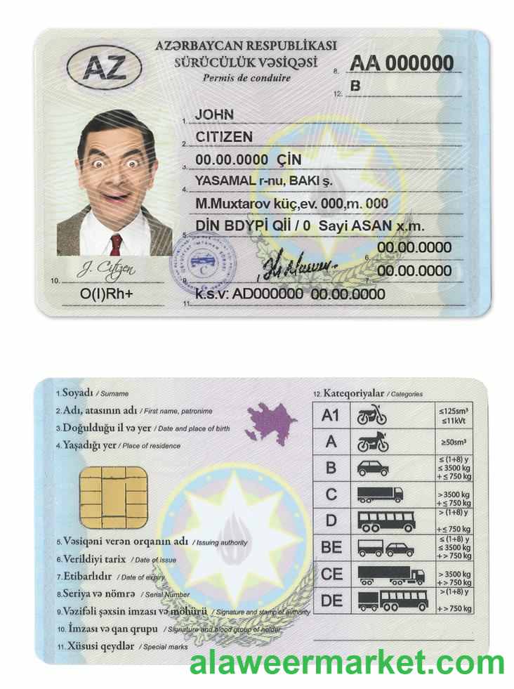 Azerbaijan driving license template in PSD format,fully editable,with all fonts(2013present)